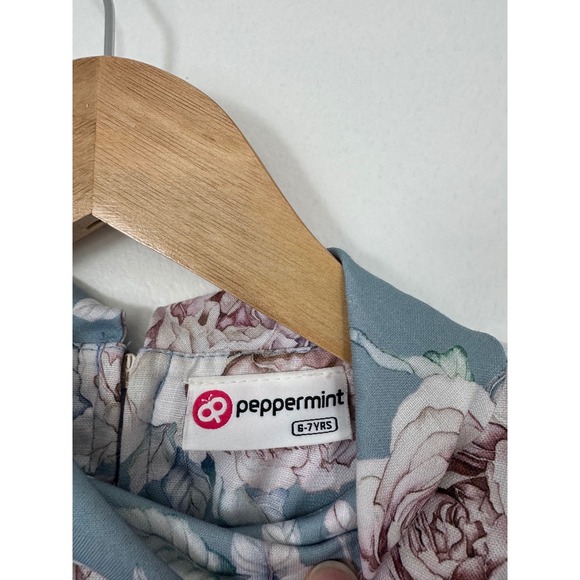 Peppermint Floral Dress Kids Size 6-7Y Blue Pink Vintage Puff Sleeve Bow Sash - Picture 3 of 7